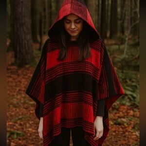 Express Red & Black Plaid Boucle Knit Hooded Open Front Poncho